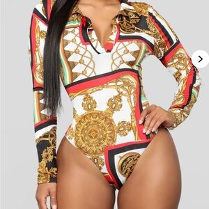 Fashion Nova Multicolor Baroque Print Bodysuit with Collar